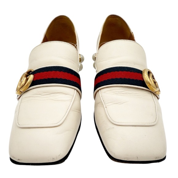 Gucci Peyton Pearl Loafer in White EU 37 US 7 GG Logo Web Stripe Block Low Heel - Picture 3 of 13